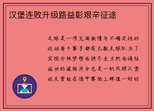 汉堡连败升级路益彰艰辛征途