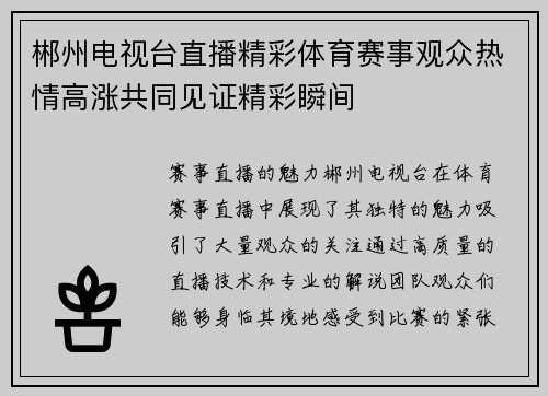 郴州电视台直播精彩体育赛事观众热情高涨共同见证精彩瞬间